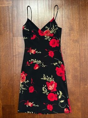 Vintage Windsor Black Slip Mini Dress with Red Floral Print, Size XS